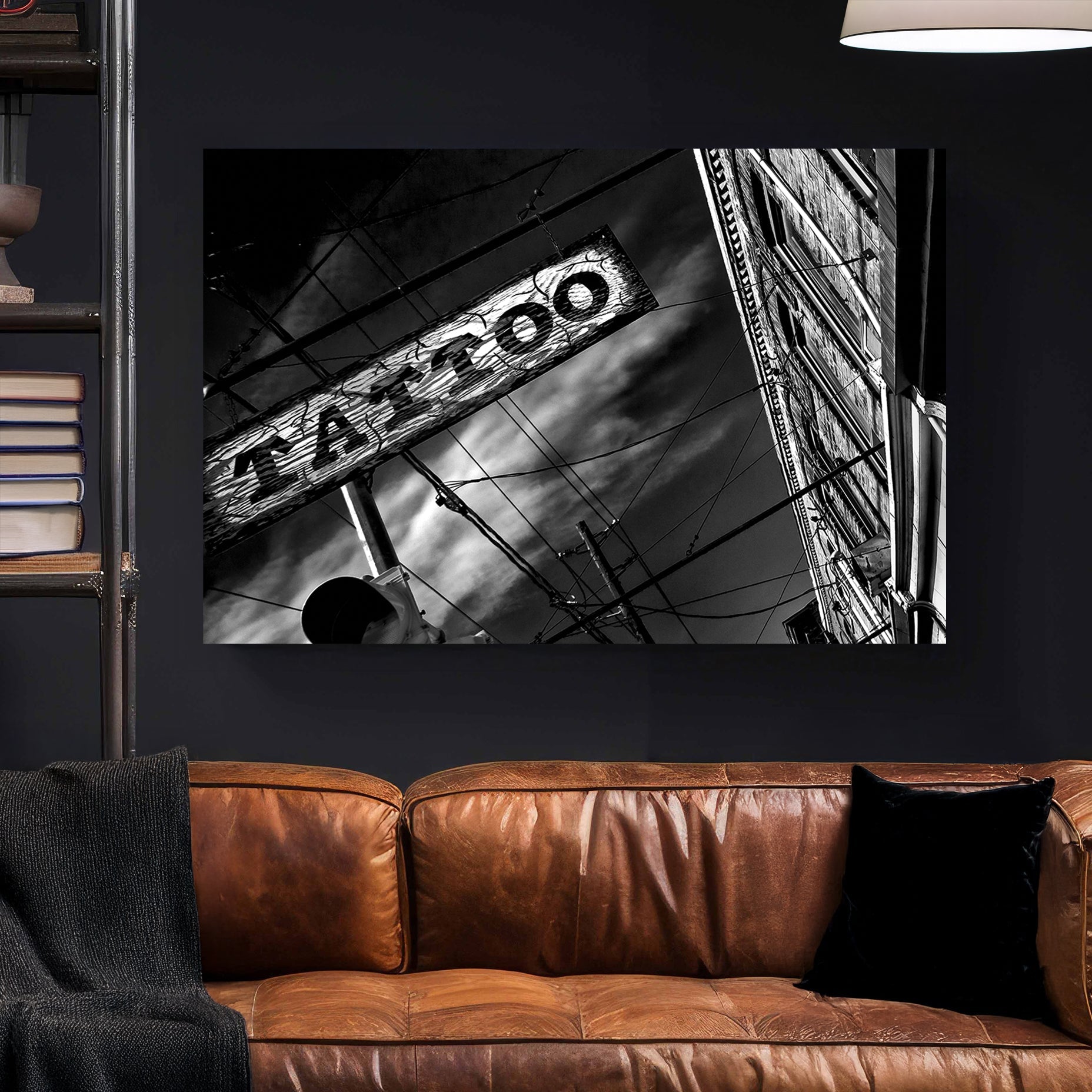 black and white photo of tattoo parlour storefront with neon signs and urban street details