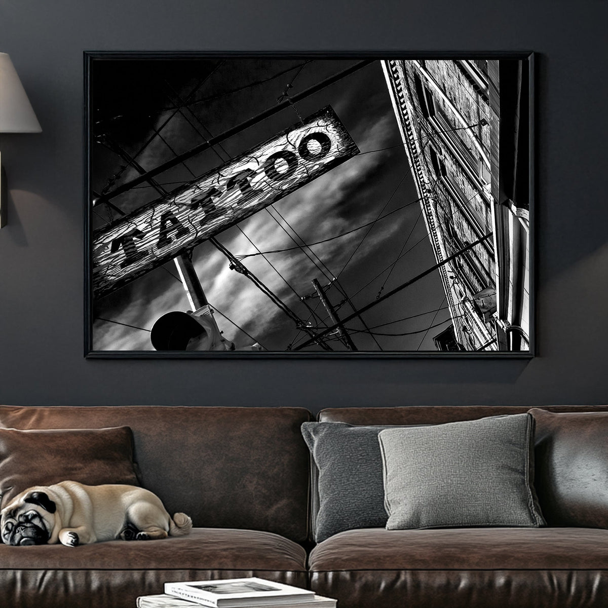 black and white photo of tattoo parlour storefront with neon signs and urban street details