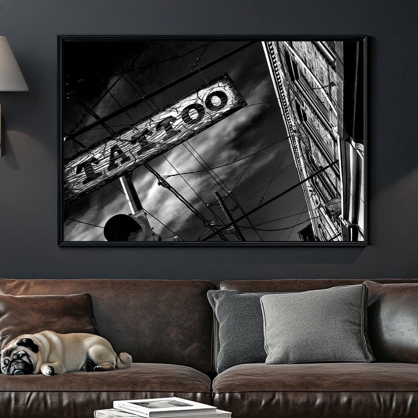 black and white photo of tattoo parlour storefront with neon signs and urban street details