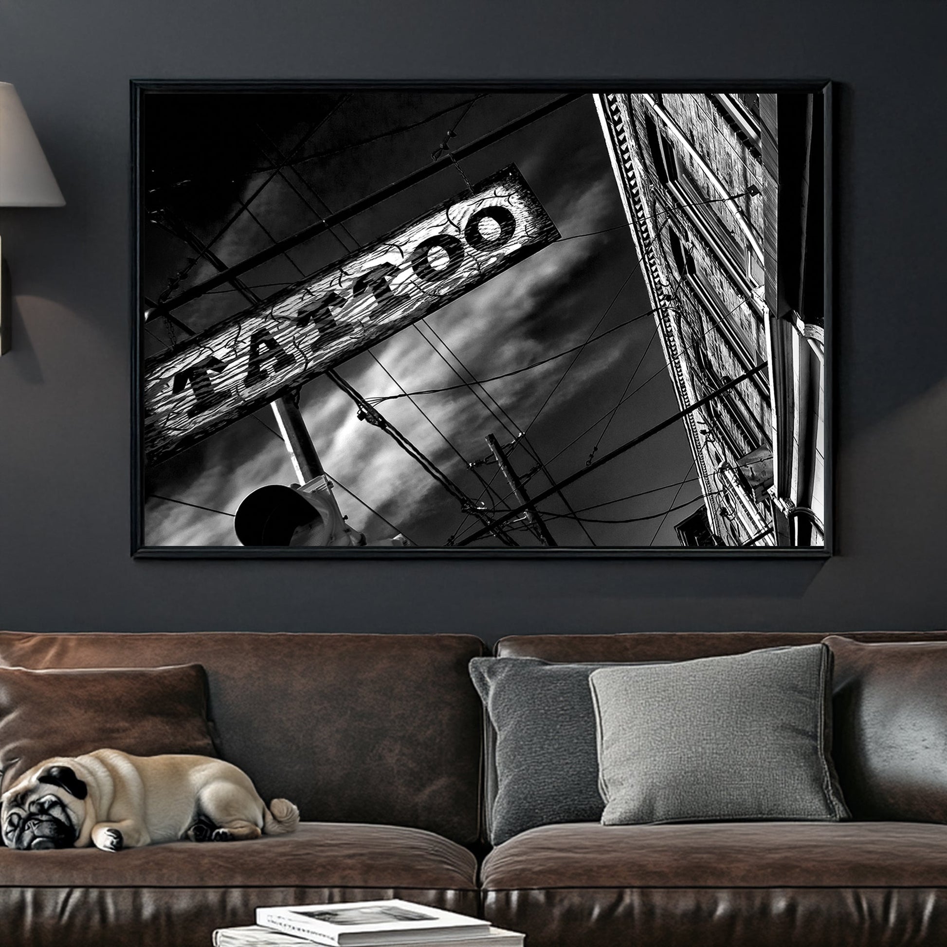black and white photo of tattoo parlour storefront with neon signs and urban street details