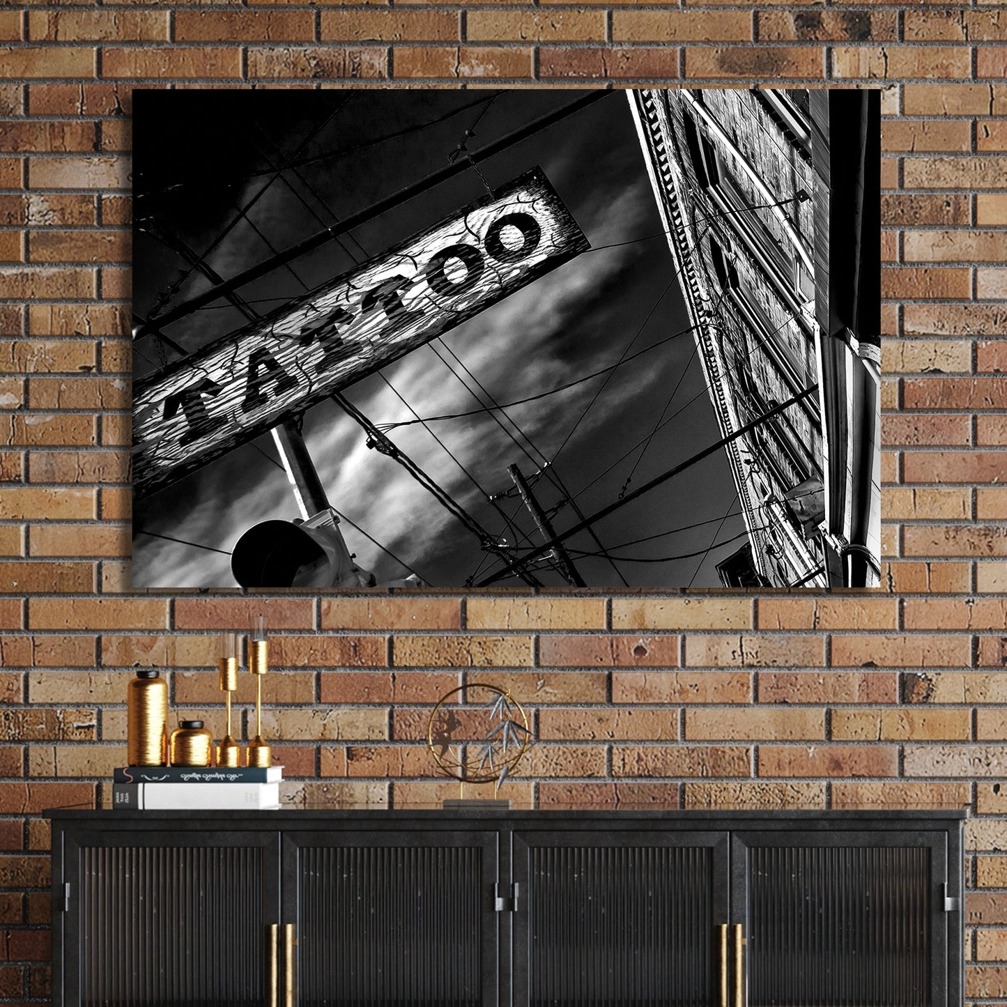black and white photo of tattoo parlour storefront with neon signs and urban street details