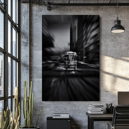 black and white photo of Toronto 512 streetcar with motion blur in city