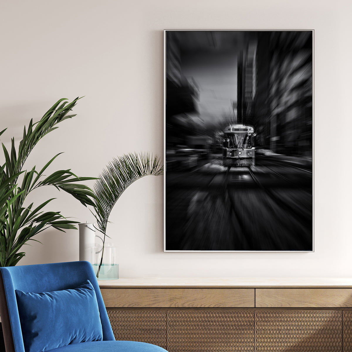 black and white photo of Toronto 512 streetcar with motion blur in city
