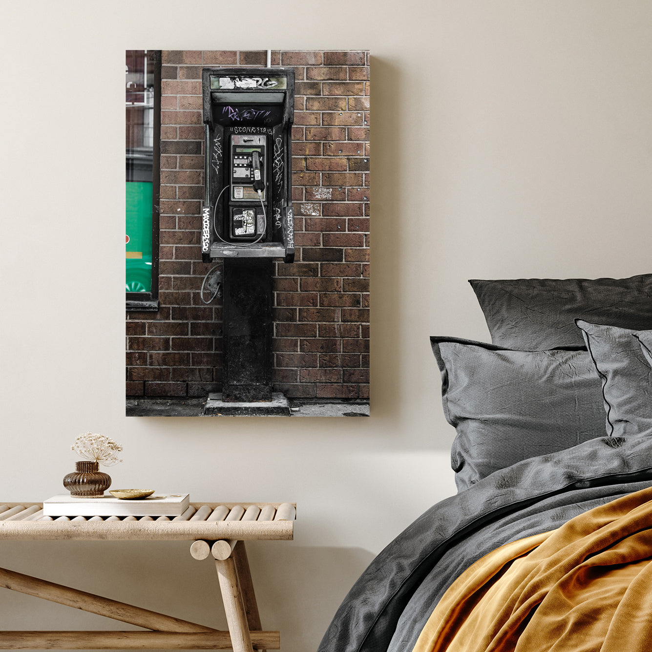gritty urban phone booth wall art with graffiti and brick wall