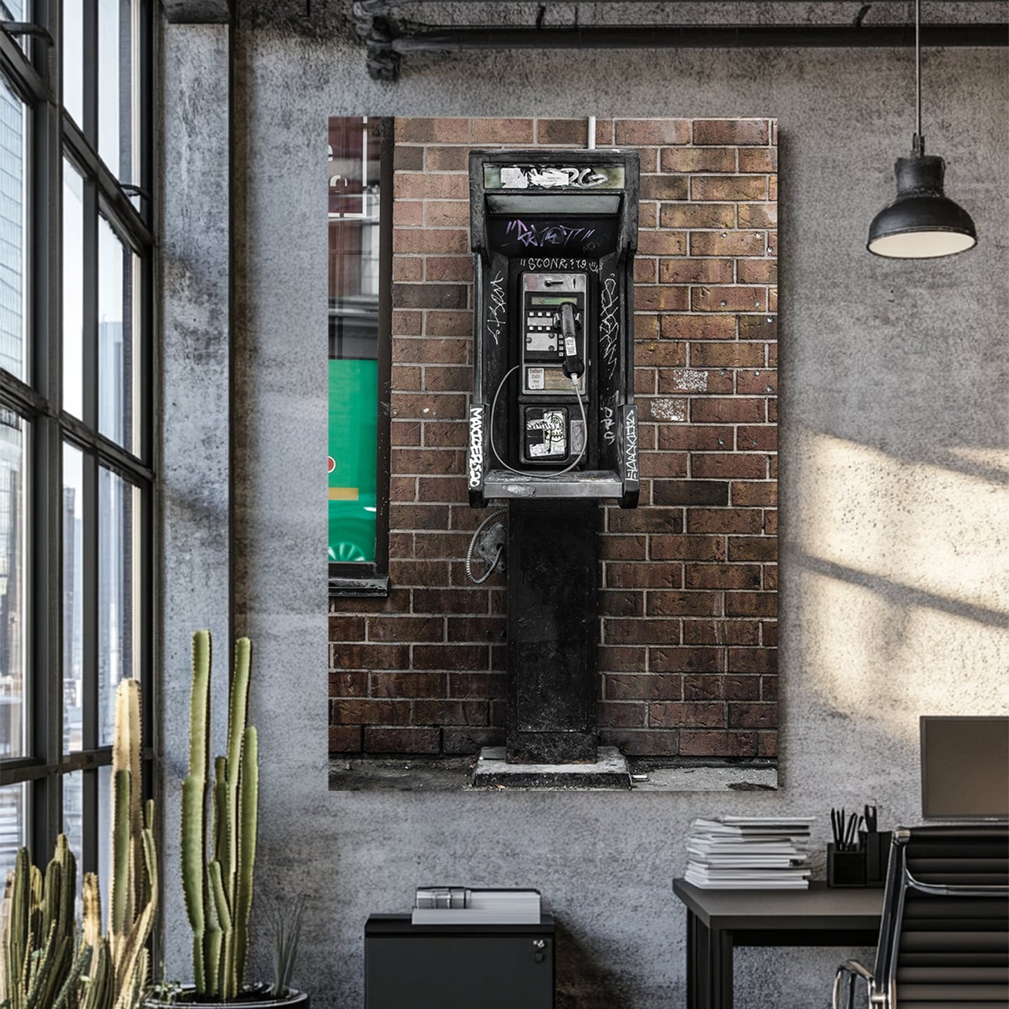 gritty urban phone booth wall art with graffiti and brick wall