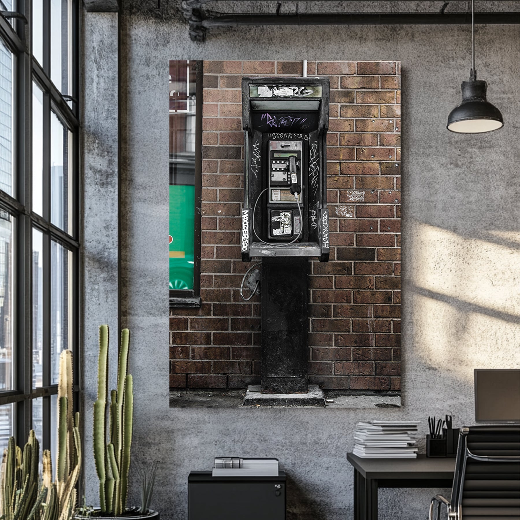gritty urban phone booth wall art with graffiti and brick wall