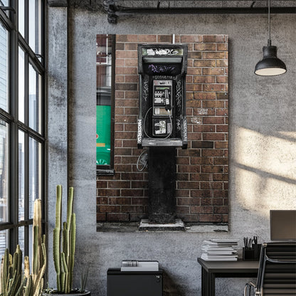 gritty urban phone booth wall art with graffiti and brick wall