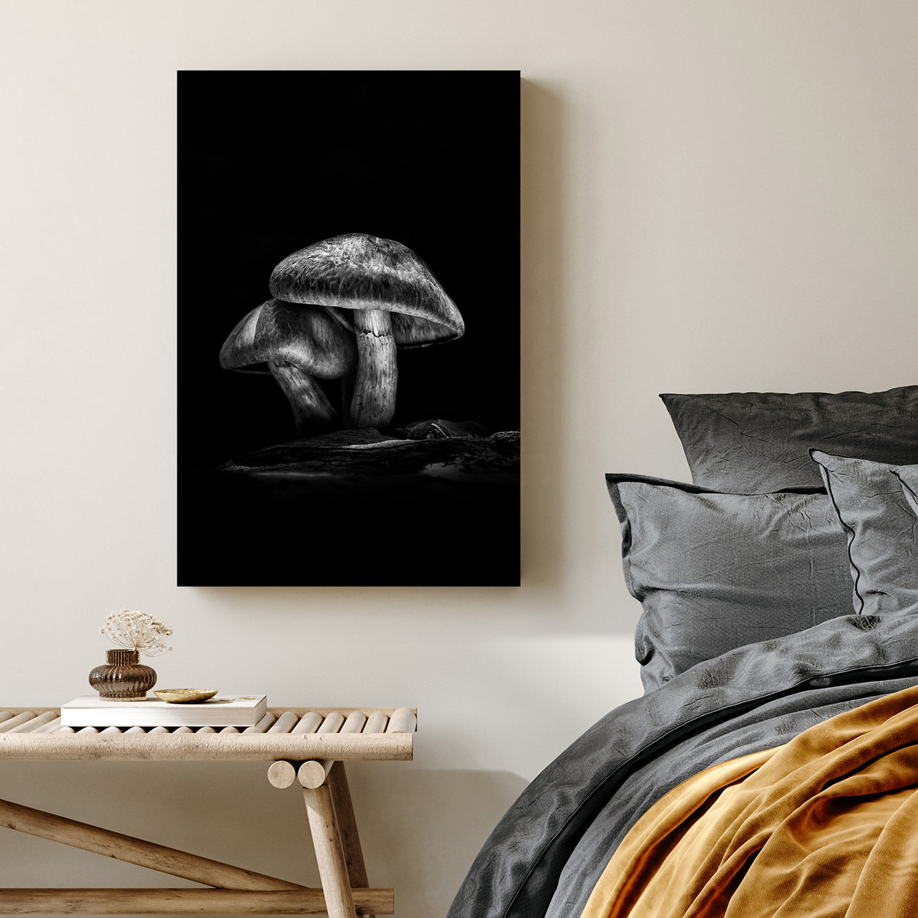 black and white mushroom wall art with dramatic forest lighting