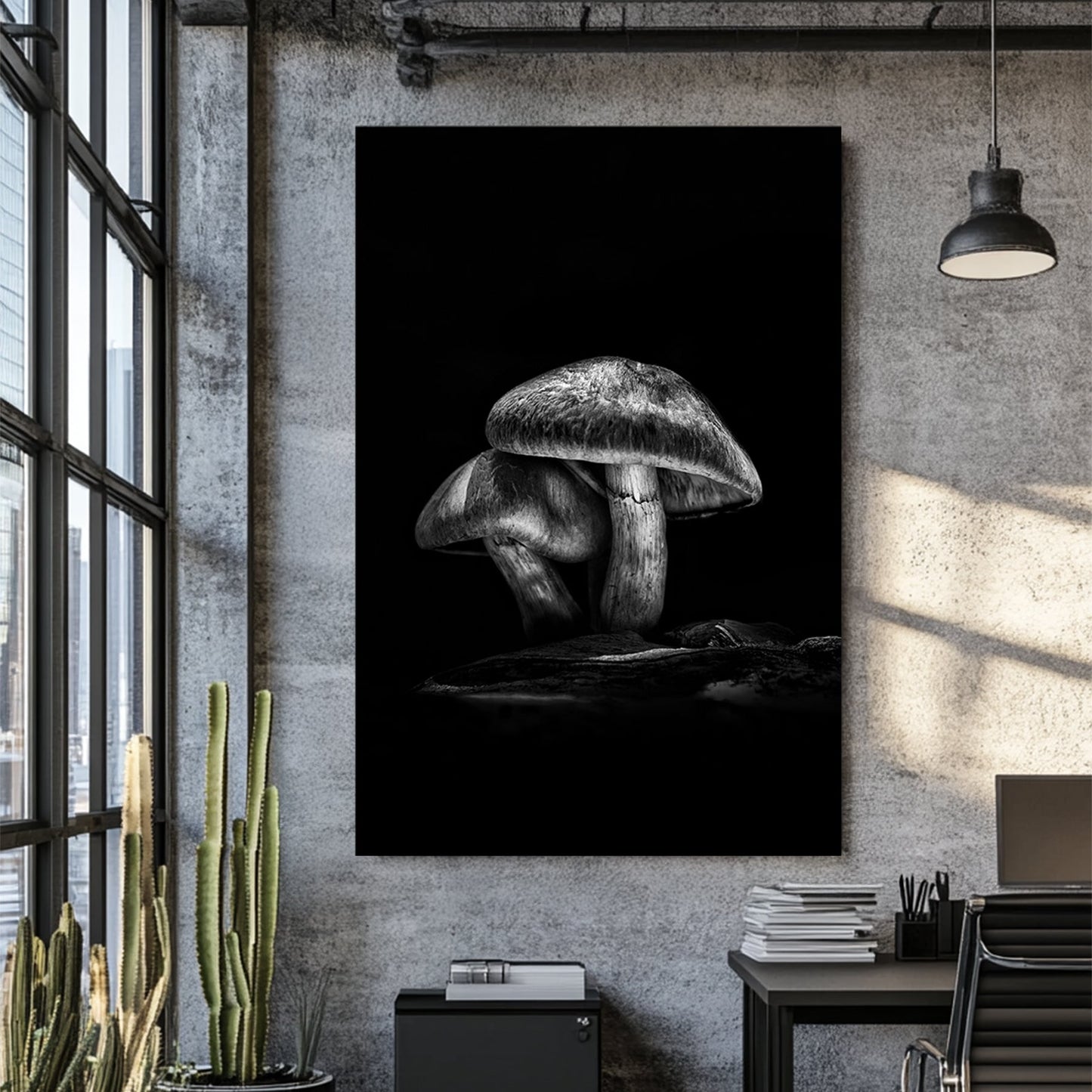 black and white mushroom wall art with dramatic forest lighting