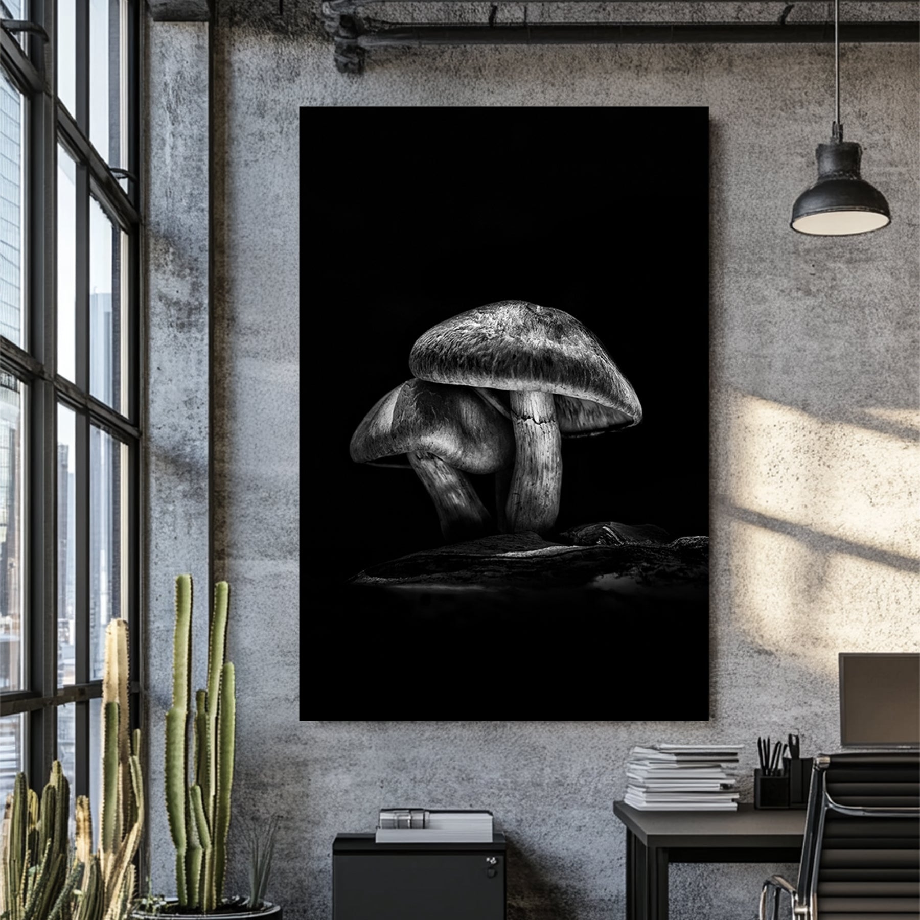 black and white mushroom wall art with dramatic forest lighting