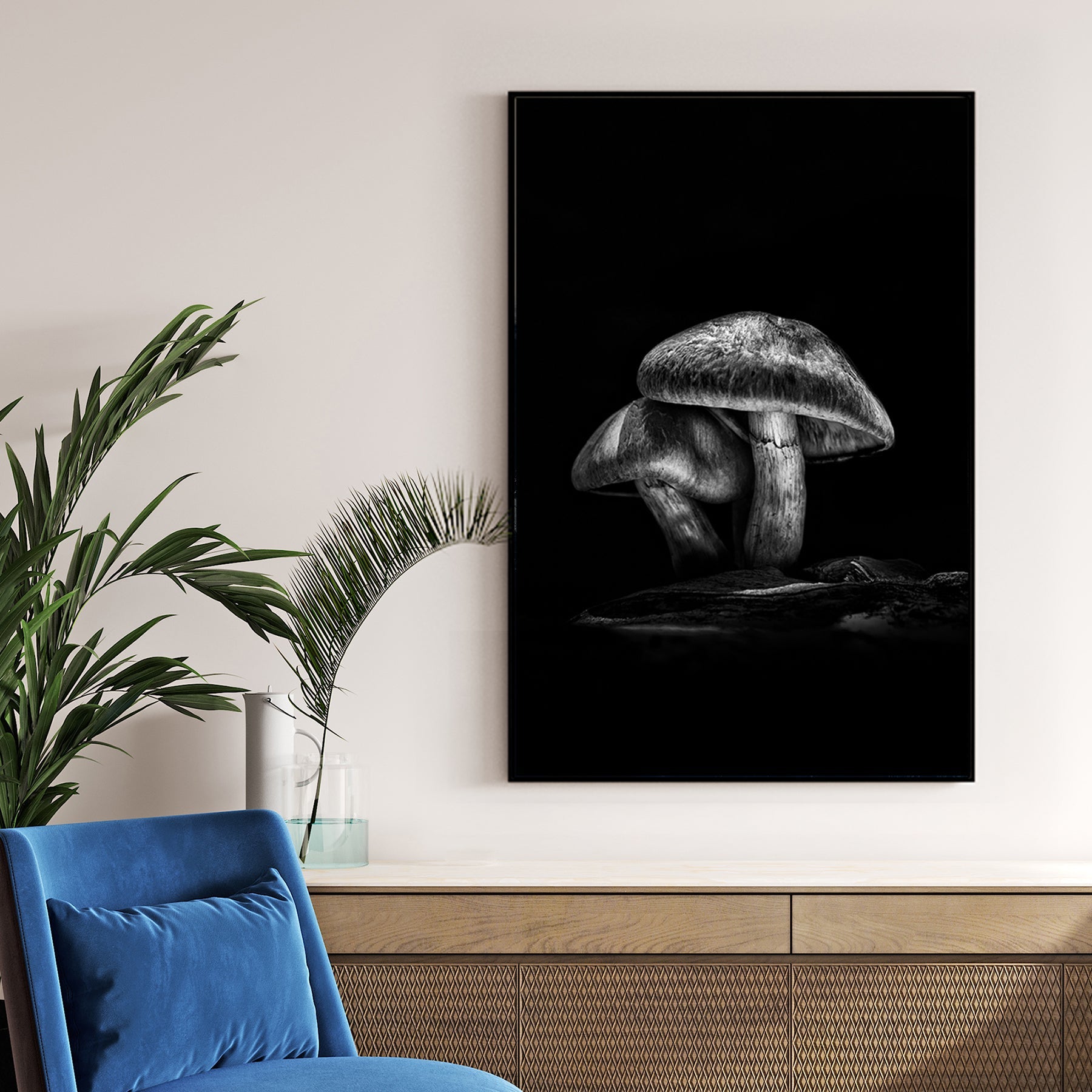 black and white mushroom wall art with dramatic forest lighting
