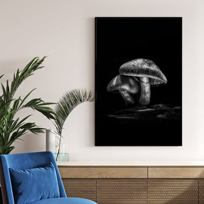 black and white mushroom wall art with dramatic forest lighting