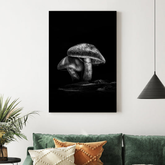 black and white mushroom wall art with dramatic forest lighting
