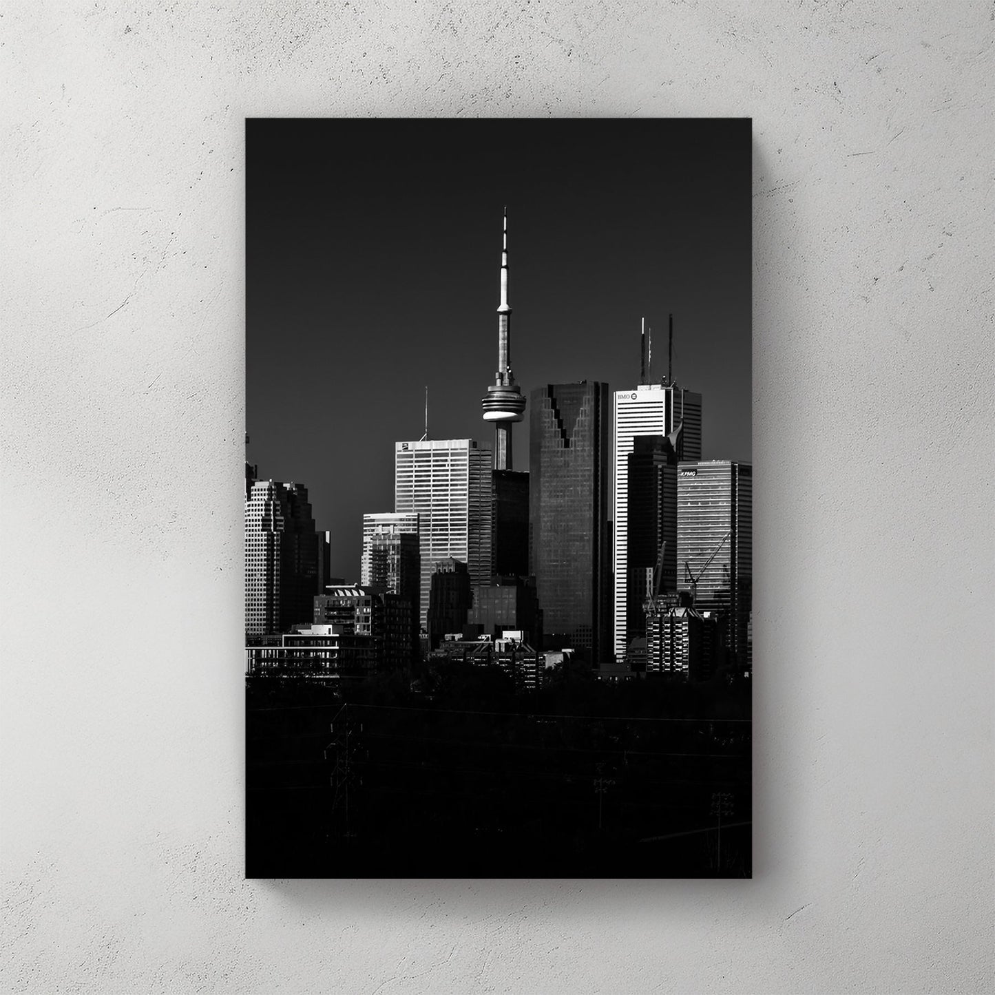black and white toronto skyline wall art with CN Tower view