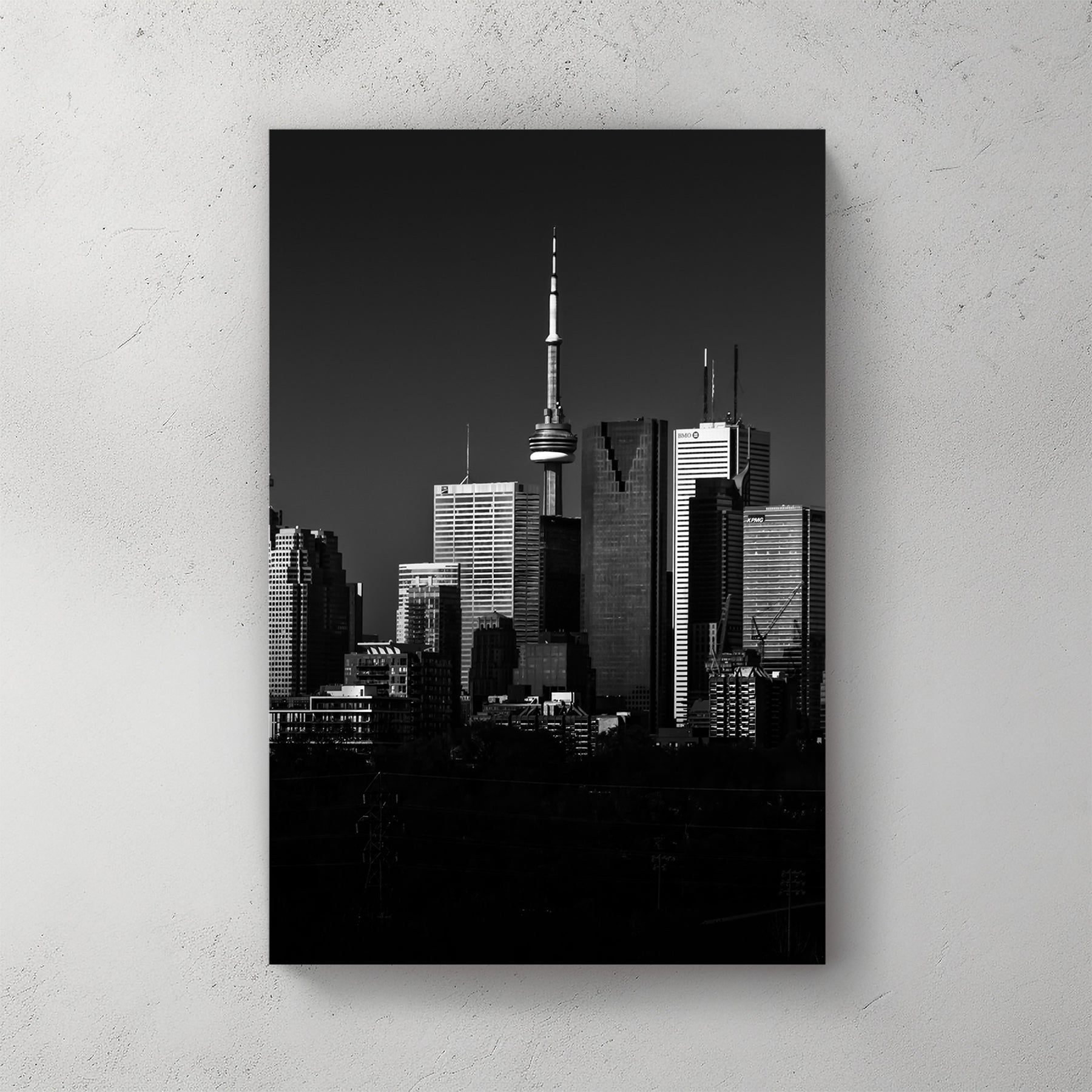 black and white toronto skyline wall art with CN Tower view