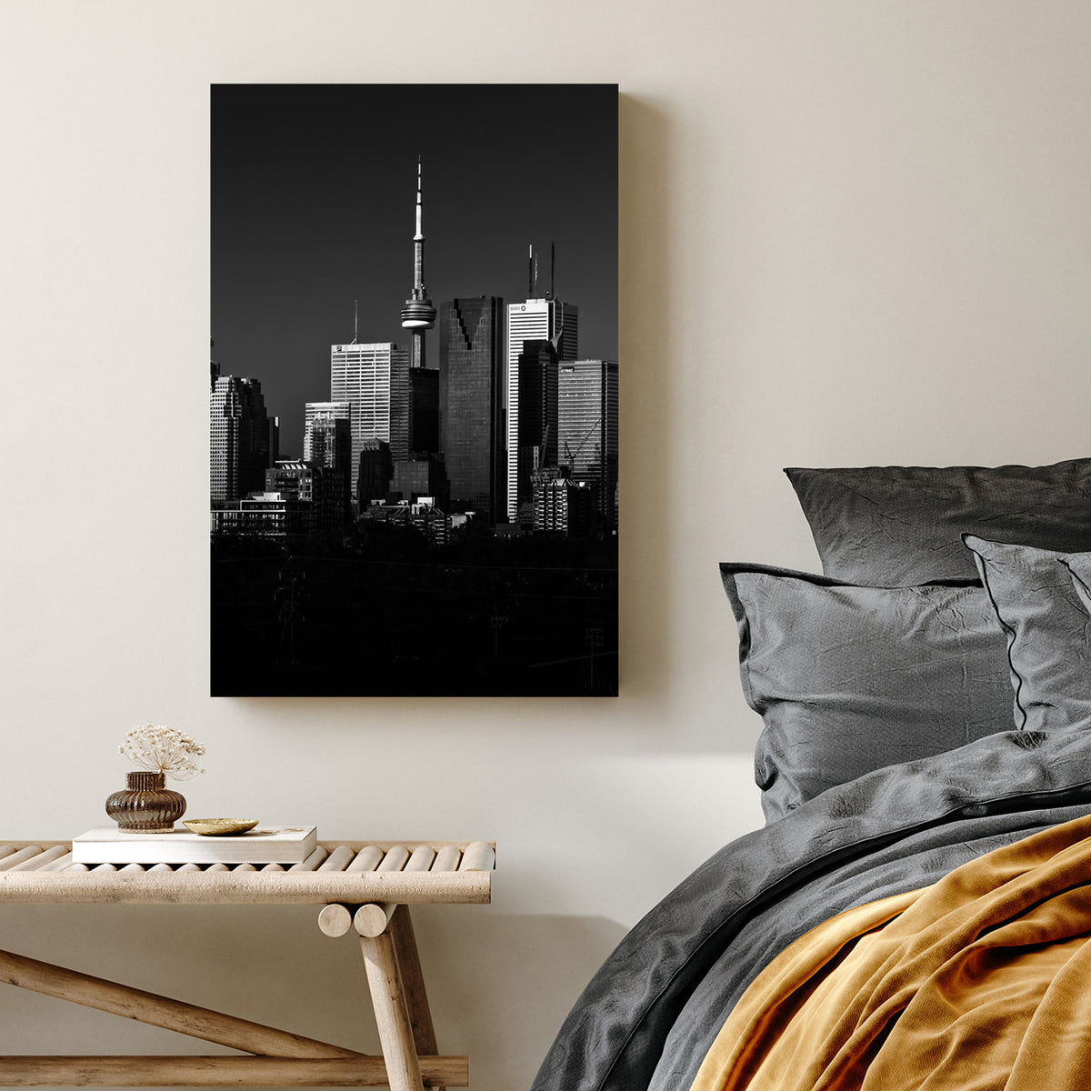 black and white toronto skyline wall art with CN Tower view