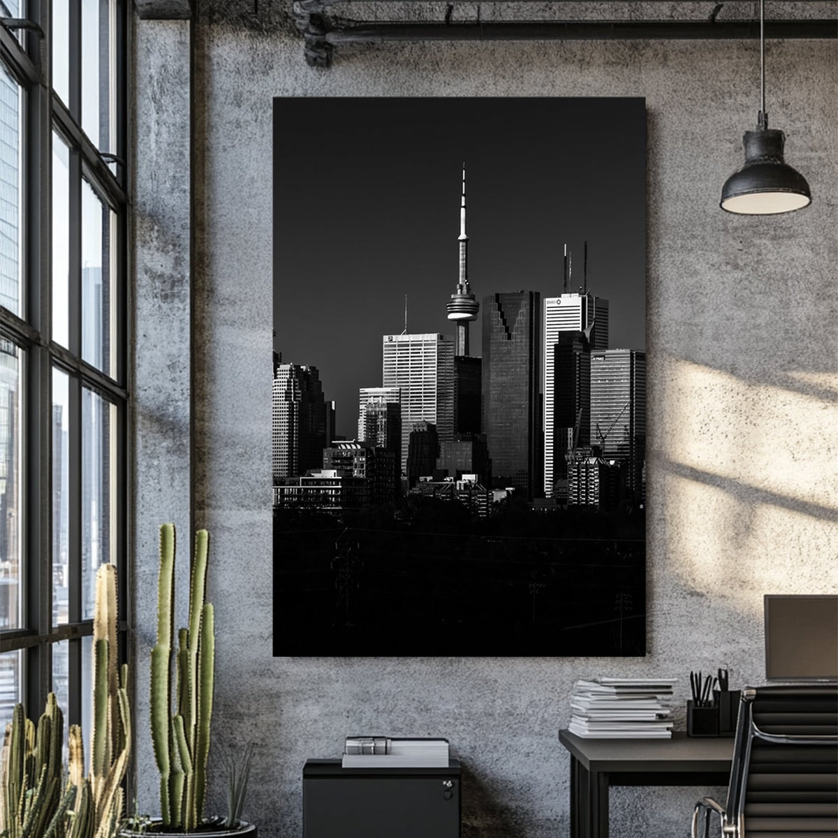 black and white toronto skyline wall art with CN Tower view