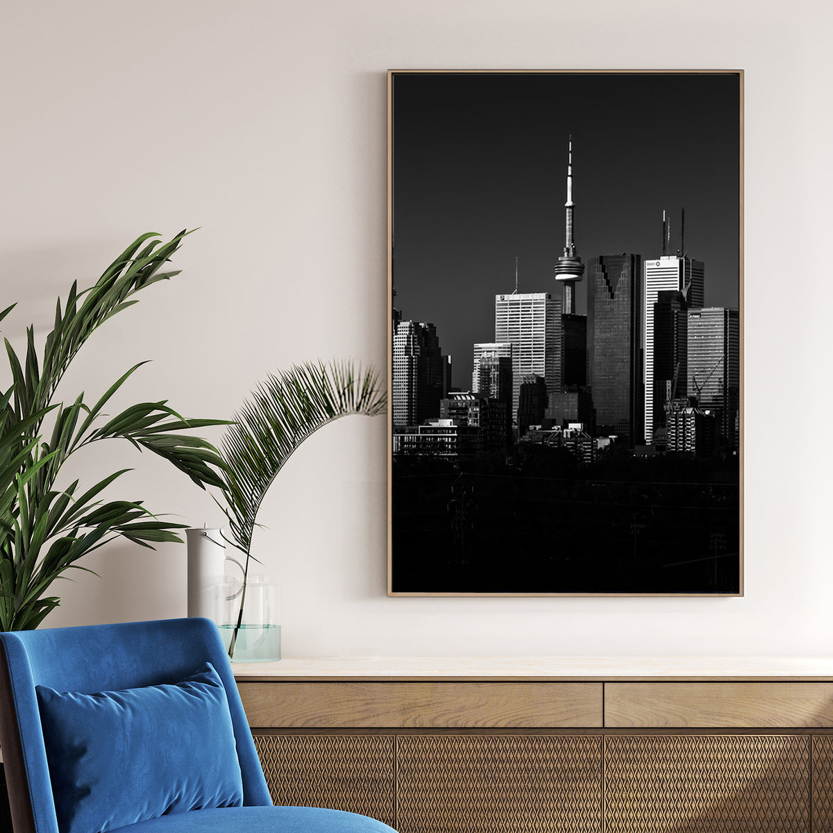 black and white toronto skyline wall art with CN Tower view