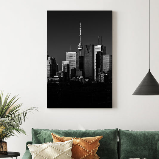 black and white toronto skyline wall art with CN Tower view