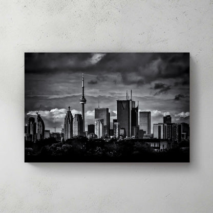 dramatic black and white toronto skyline wall art with stormy clouds