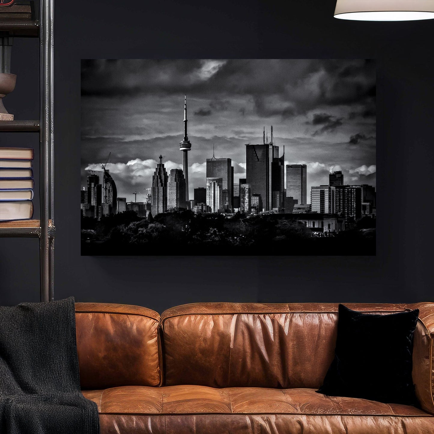dramatic black and white toronto skyline wall art with stormy clouds