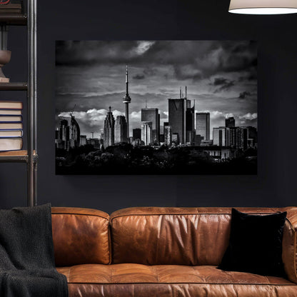 dramatic black and white toronto skyline wall art with stormy clouds