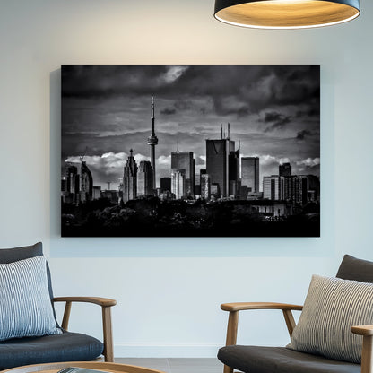 dramatic black and white toronto skyline wall art with stormy clouds