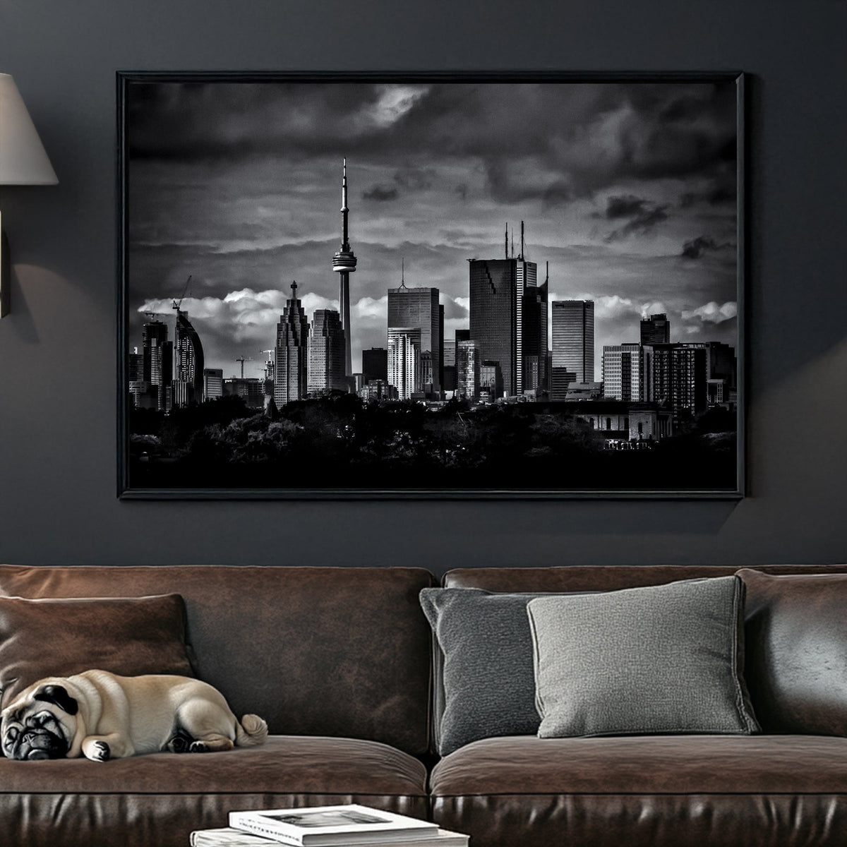 dramatic black and white toronto skyline wall art with stormy clouds