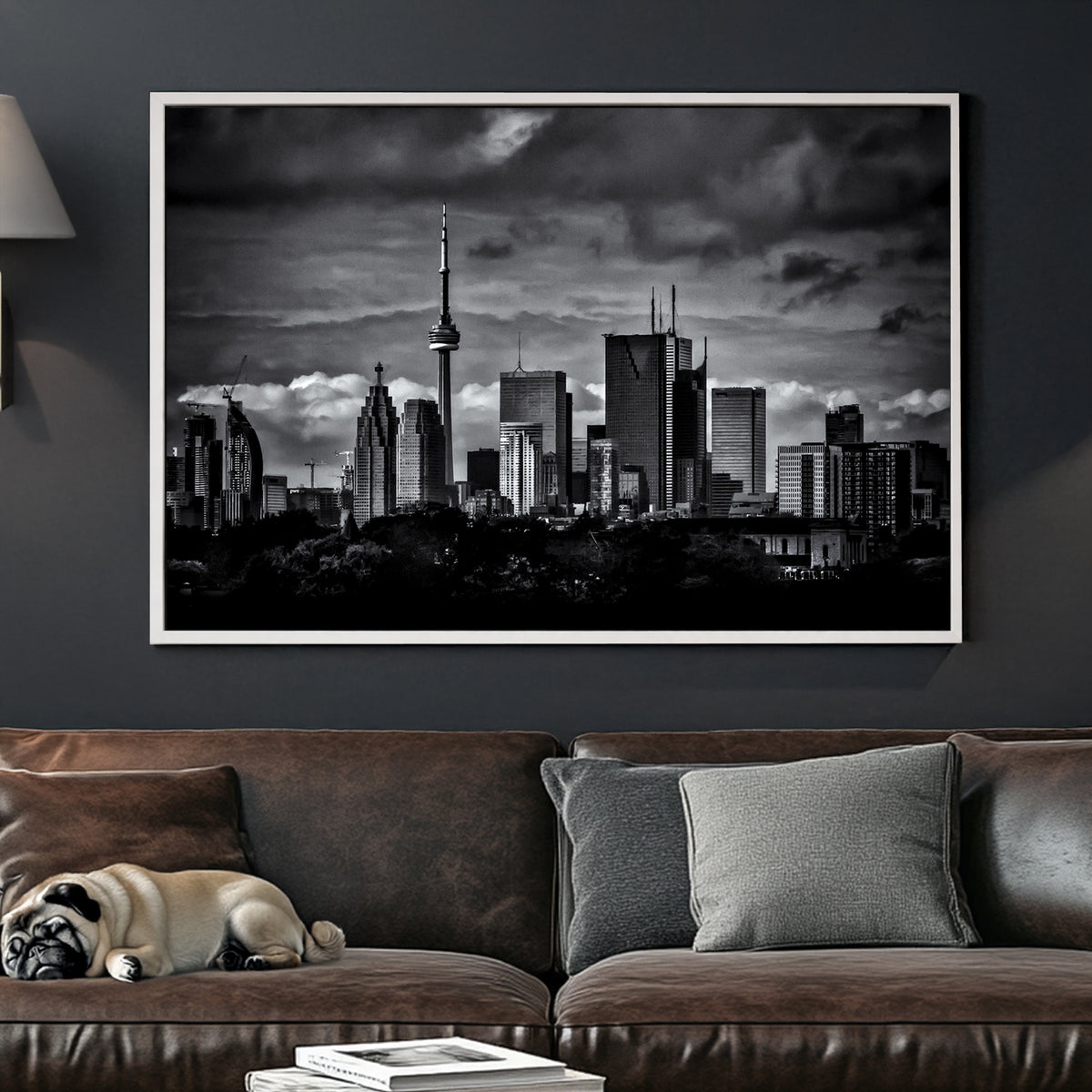 dramatic black and white toronto skyline wall art with stormy clouds
