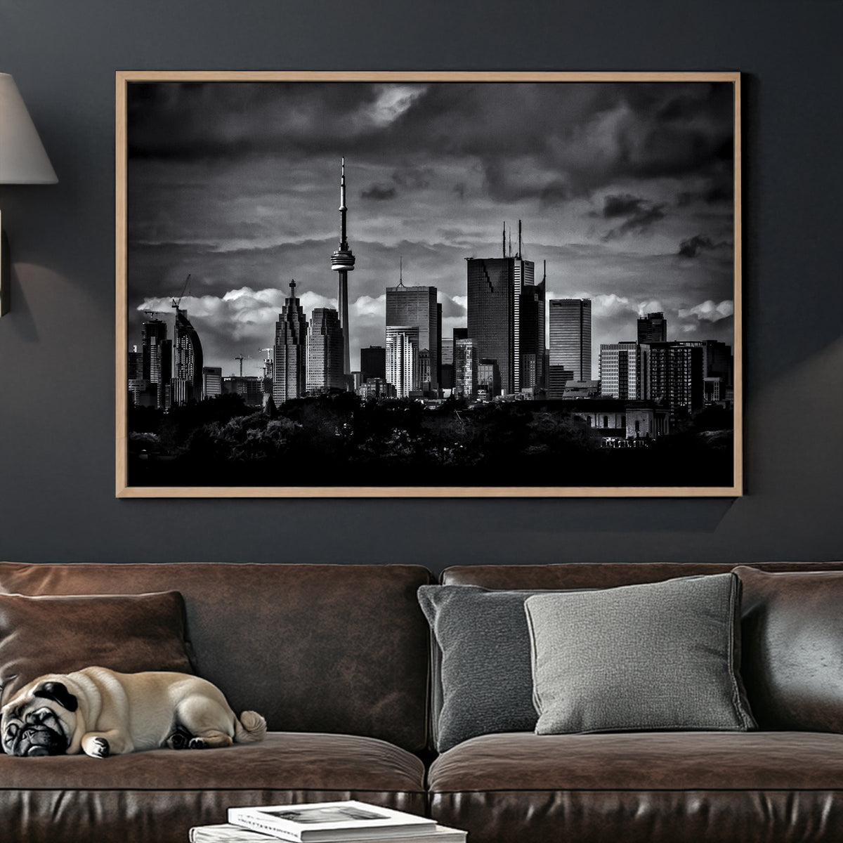 dramatic black and white toronto skyline wall art with stormy clouds
