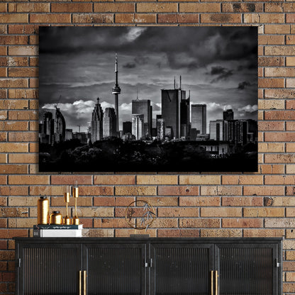 dramatic black and white toronto skyline wall art with stormy clouds