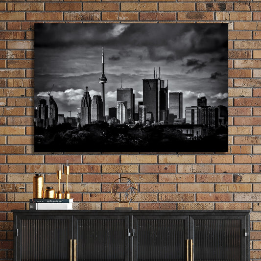 dramatic black and white toronto skyline wall art with stormy clouds