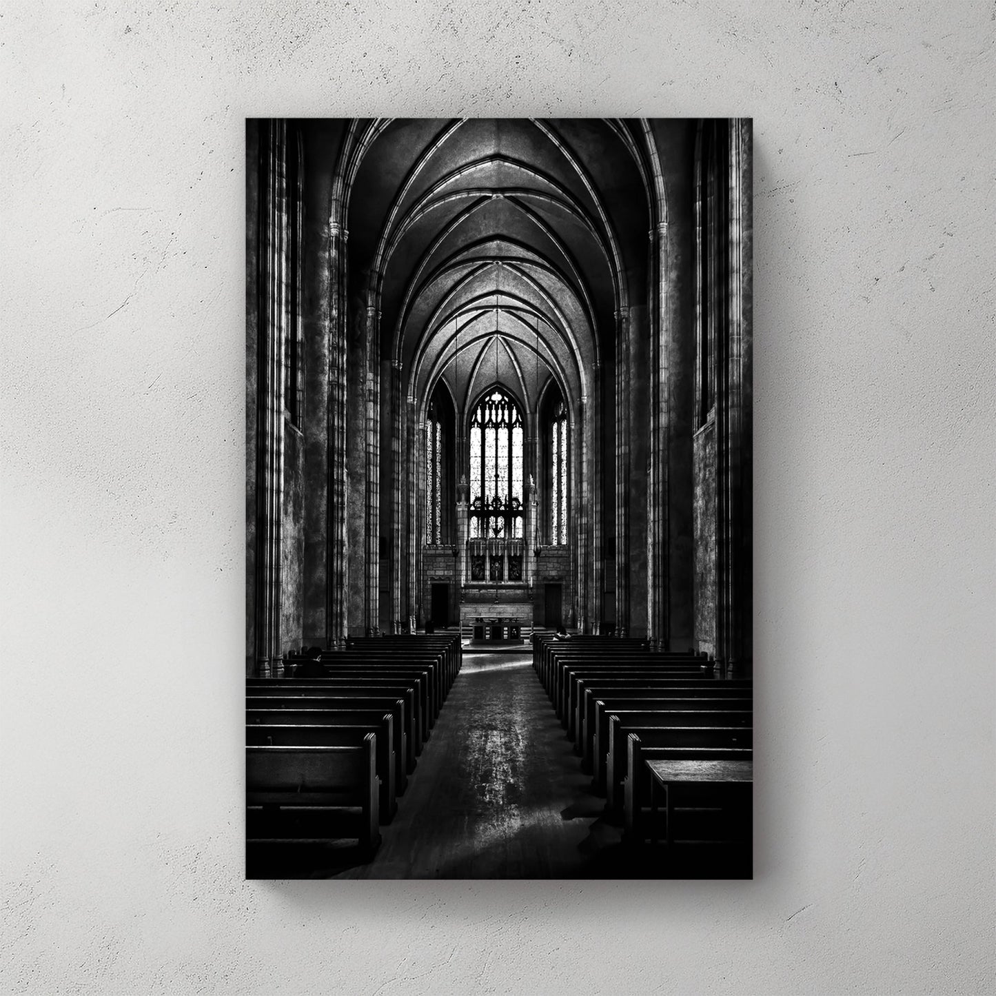 black and white chapel interior wall art with gothic arches and stained glass