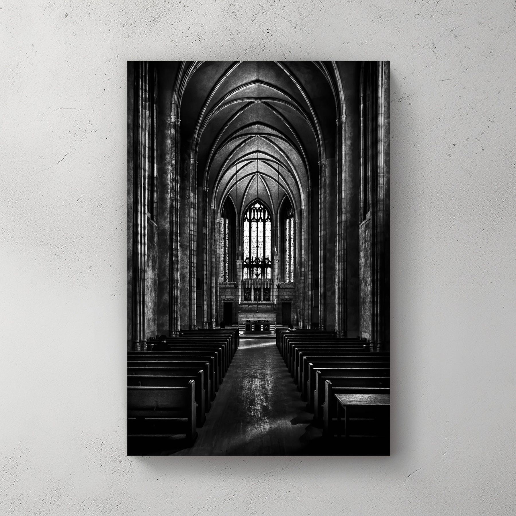 black and white chapel interior wall art with gothic arches and stained glass