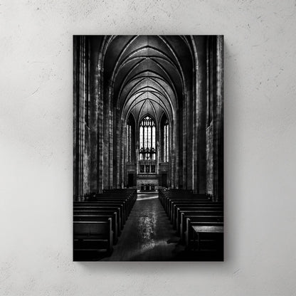 black and white chapel interior wall art with gothic arches and stained glass