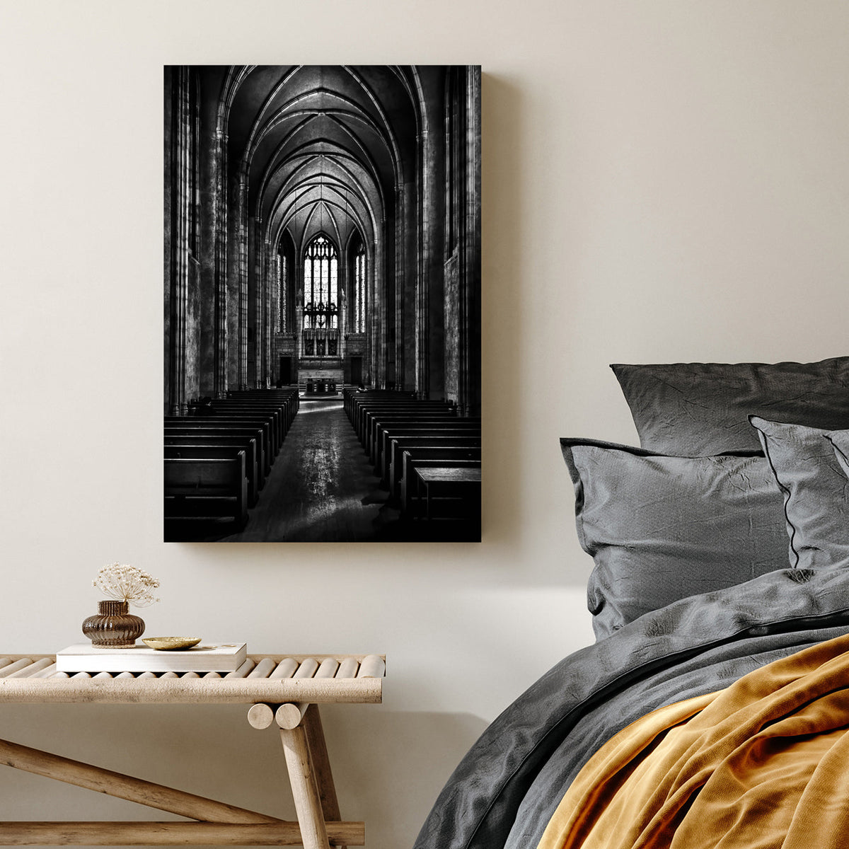 black and white chapel interior wall art with gothic arches and stained glass
