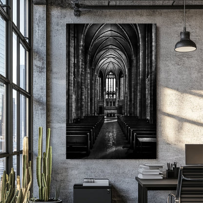 black and white chapel interior wall art with gothic arches and stained glass