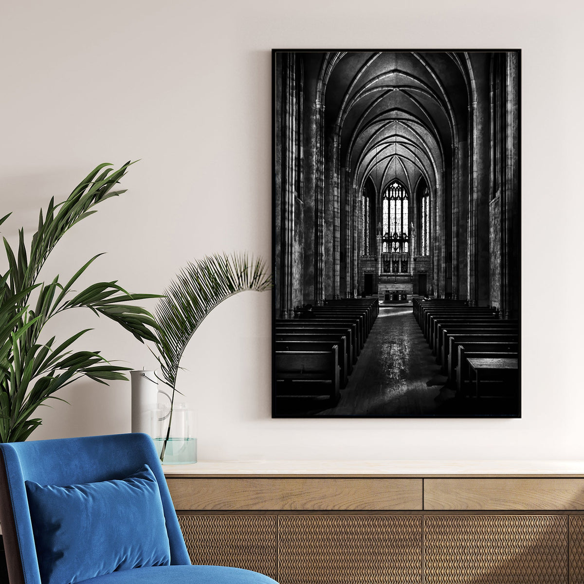 black and white chapel interior wall art with gothic arches and stained glass
