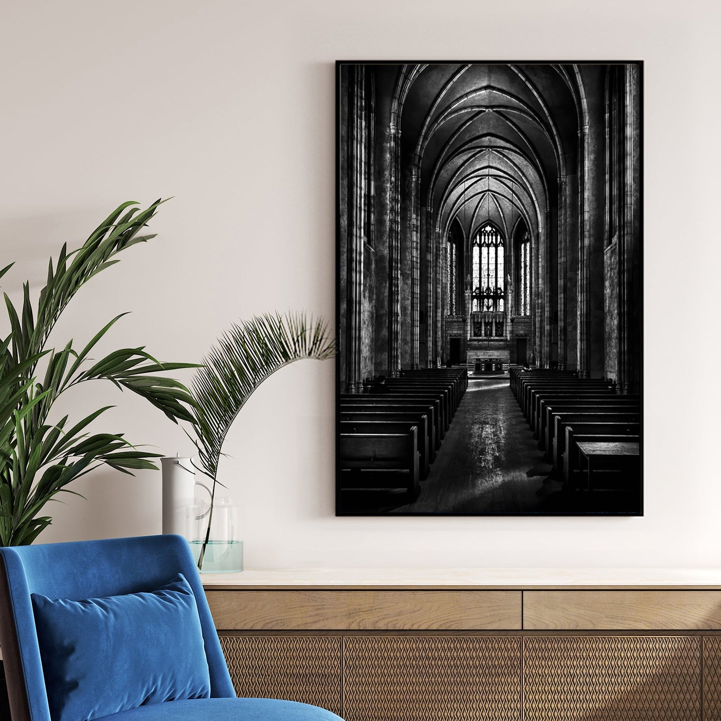 black and white chapel interior wall art with gothic arches and stained glass