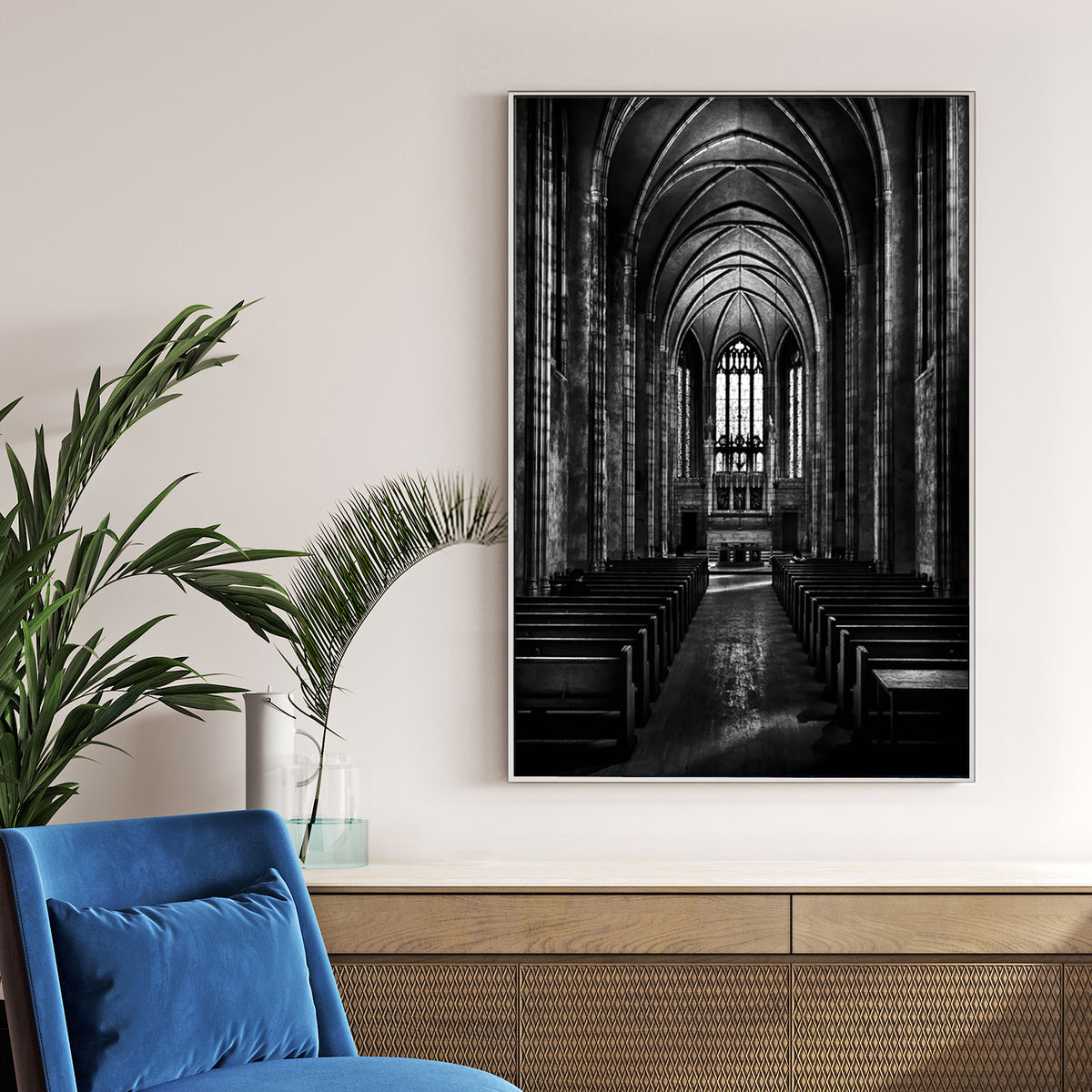 black and white chapel interior wall art with gothic arches and stained glass