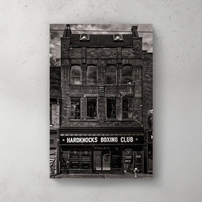 black and white photo of historic boxing club storefront in Toronto