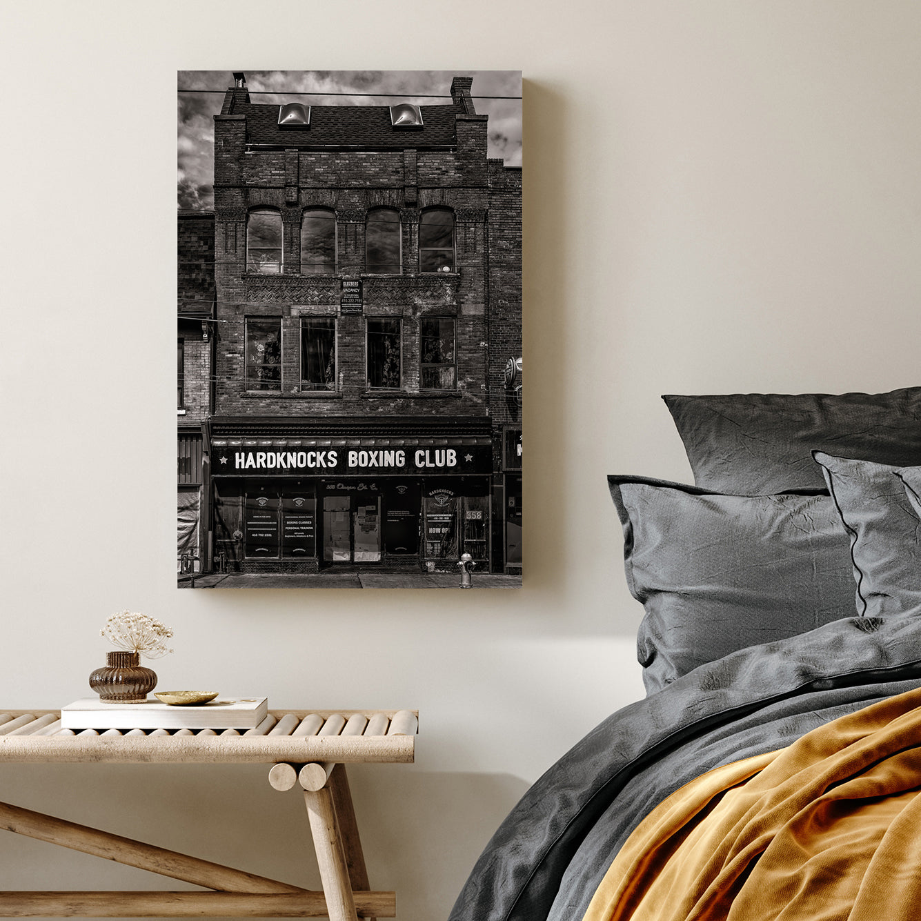 black and white photo of historic boxing club storefront in Toronto