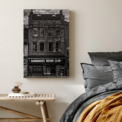 black and white photo of historic boxing club storefront in Toronto