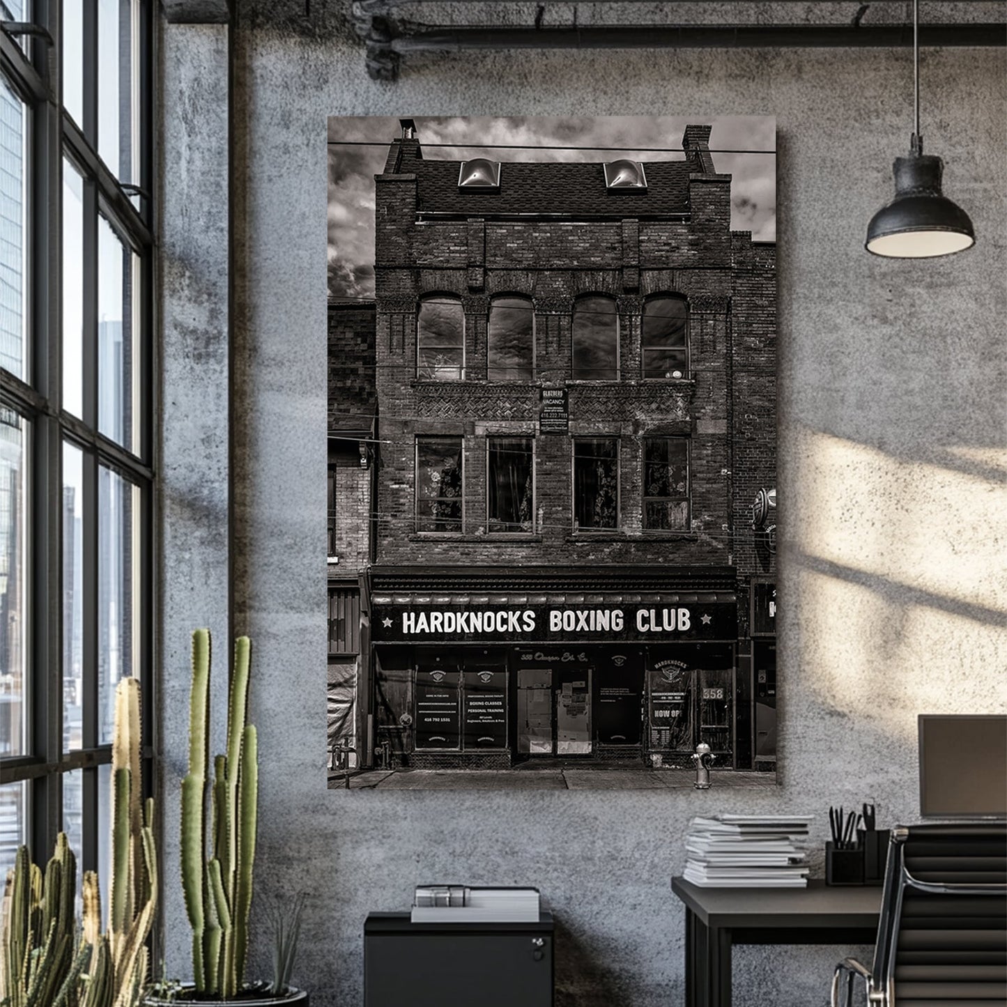 black and white photo of historic boxing club storefront in Toronto