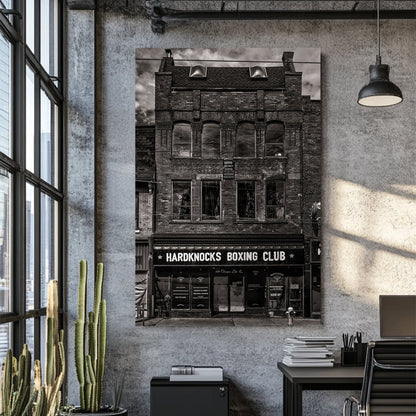 black and white photo of historic boxing club storefront in Toronto