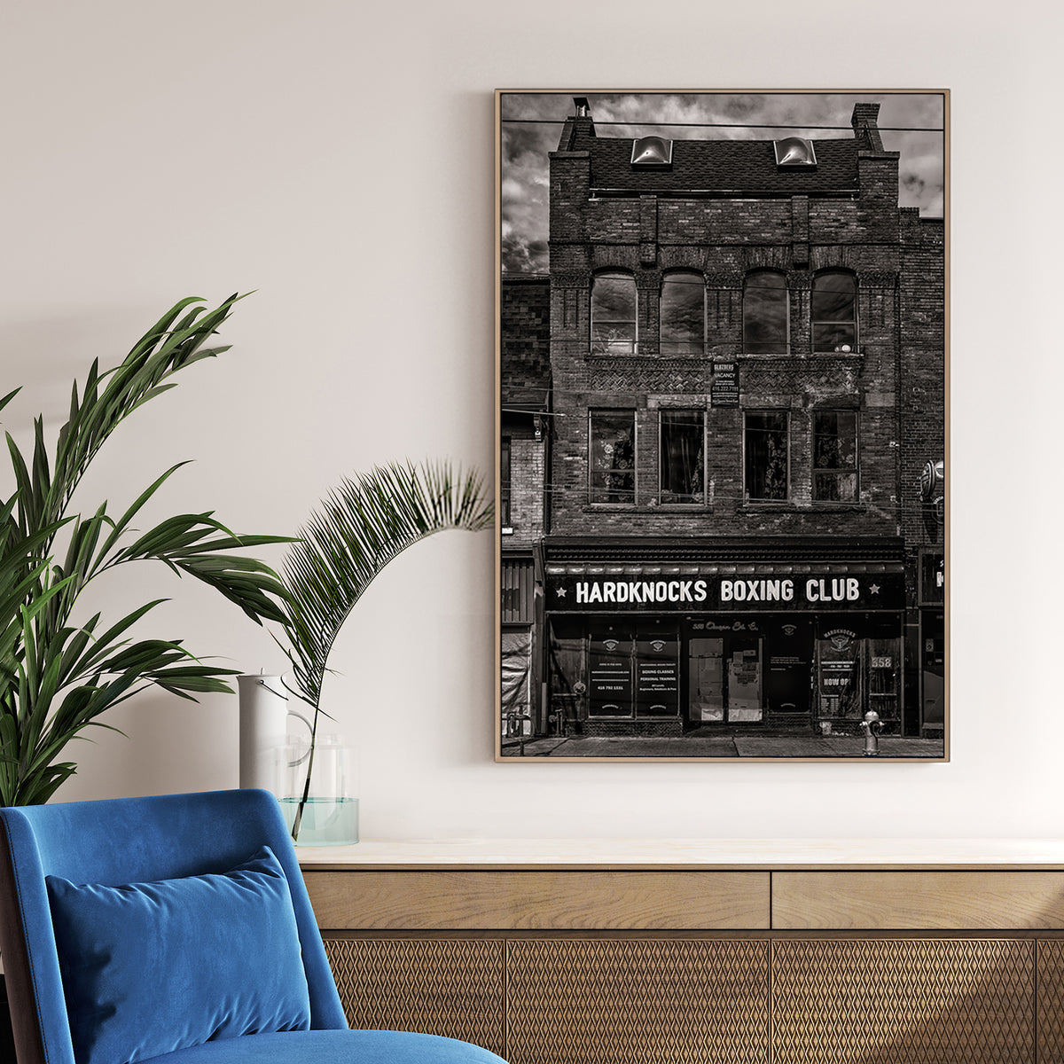 black and white photo of historic boxing club storefront in Toronto