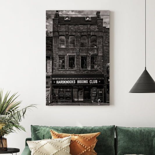 black and white photo of historic boxing club storefront in Toronto