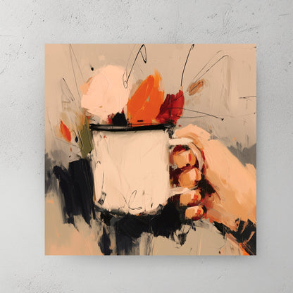 autumn-inspired wall art with hand holding mug and warm abstract brushstrokes