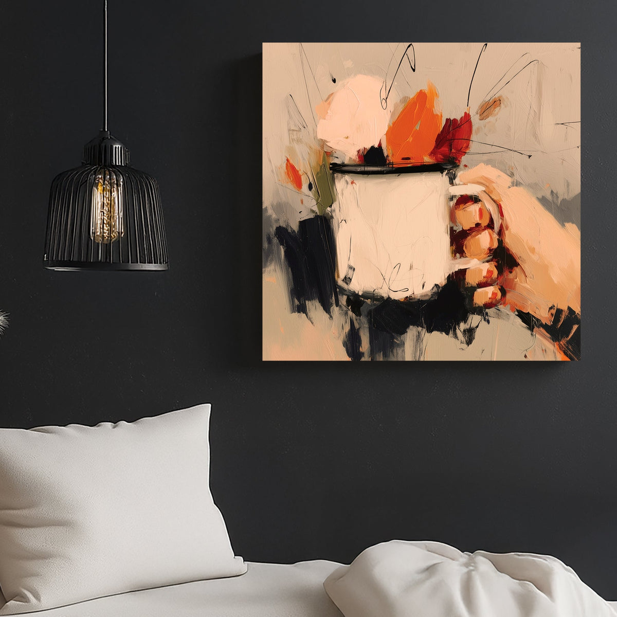 autumn-inspired wall art with hand holding mug and warm abstract brushstrokes
