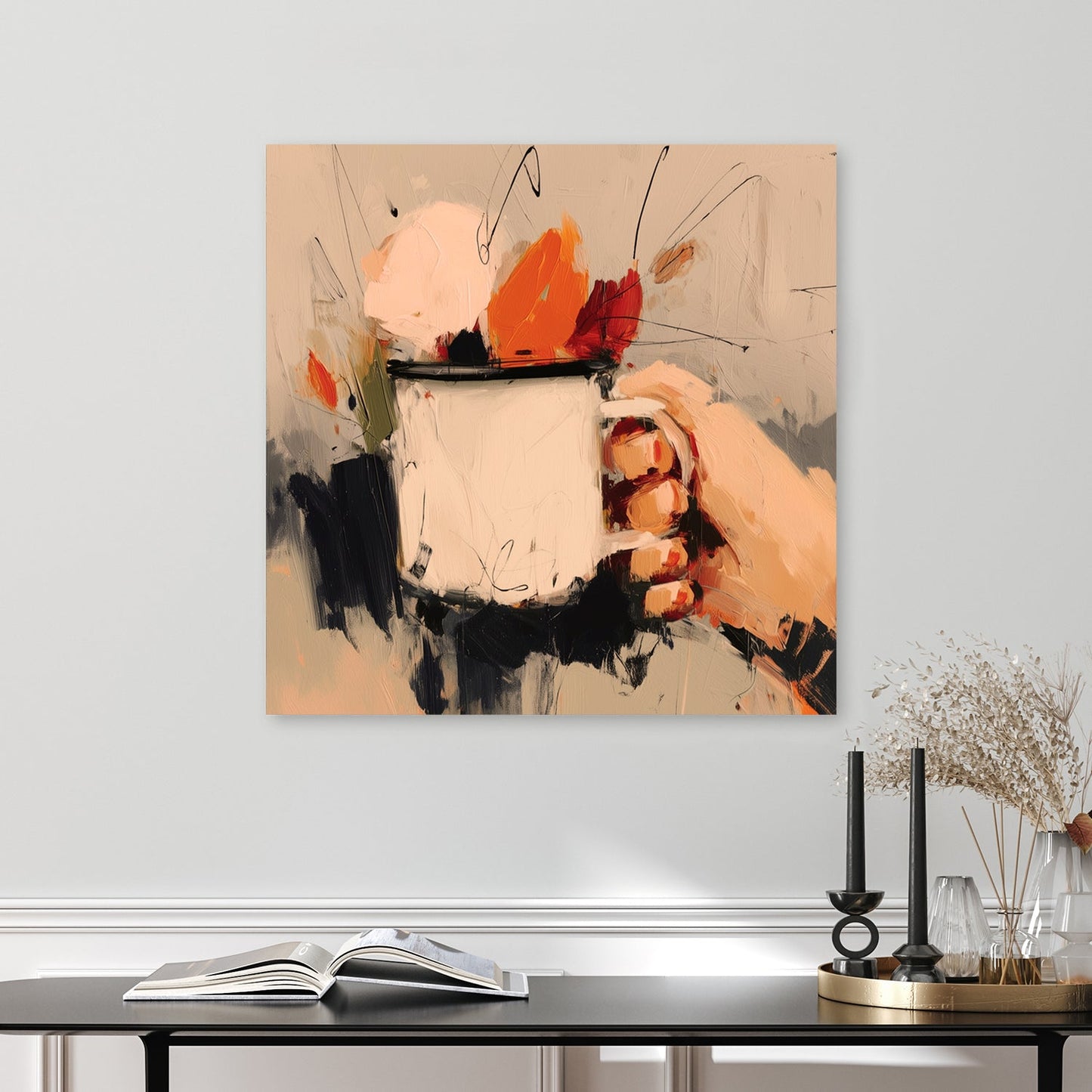 autumn-inspired wall art with hand holding mug and warm abstract brushstrokes